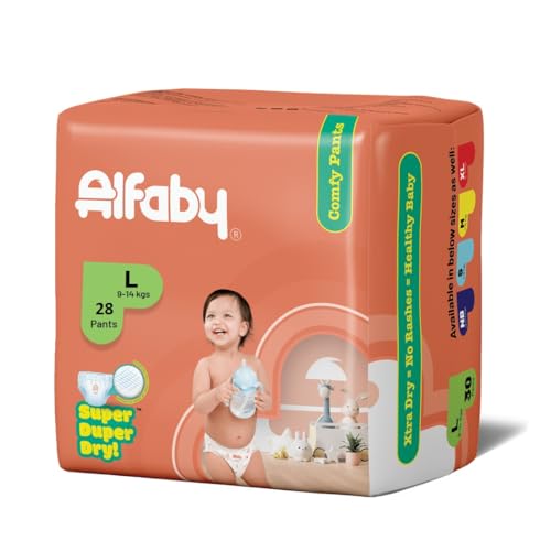 Image of Alfaby Baby Diapers | XS to XL sizes | Super Dry Comfy Pants | Long Lasting Dryness | Leak Proof Diapers | Uninterrupted Baby Sleep | Comfortable Fit | 12 hrs protection (XS to XL sizes) (L, 28.00)