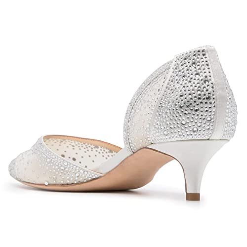 Image of XYD Women's Pumps, Elegant Pointed Toe, D'Orsay Kitten Low Heels, Rhinestone Studs, Slip-On Satin Shoes for Wedding