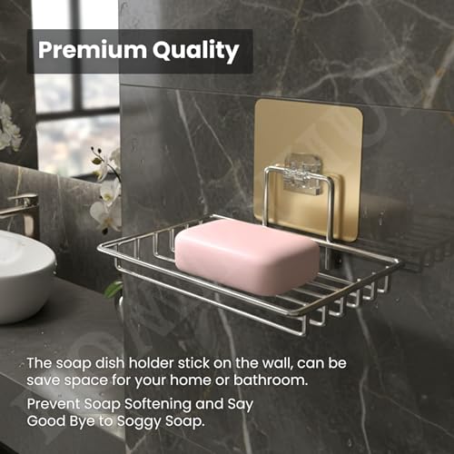 Image of Single Layer Bathroom Soap Holder | Stainless Steel Soap Dish Holder Wall Mounted | Self Adhesive Soap Stand | Waterproof Soap Tray Kitchen Bathroom Accessories (Chrome, Pack of 1)