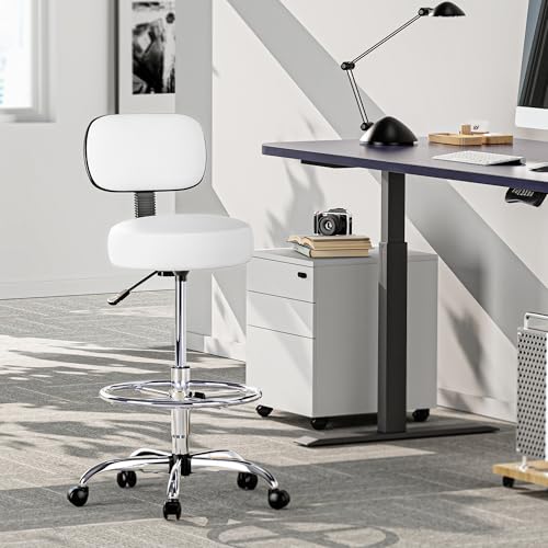 Image of SUPERJARE Drafting Chair with Back, Adjustable Foot Rest Rolling Stool, Multi-Purpose Office Desk Chair, Thick Seat Cushion for Home Bar Kitchen Shop - White