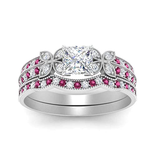 Image of Choose Your Gemstone Milgrain Petal Diamond CZ Wedding Ring Set 925 Sterling Silver Princess Shape Wedding Ring Sets Lightweight Office Wear Everyday Gift Jewelry US Size 4 to 12