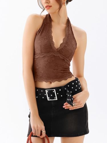 Women Sexy Cropped Halterneck Lace Top Sleeveless Backless V-Neck Lace Trim Crop Top Slim Fit Summer Tanks3