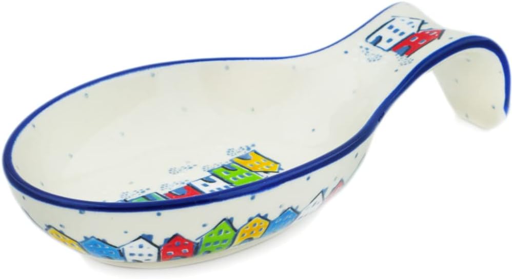 Authentic Polish Pottery Spoon Rest Signature UNIKAT in Village In Spectrum Design Handmade in Bolesławiec Poland by Ceramika Artystyczna + Certificate of Authenticity