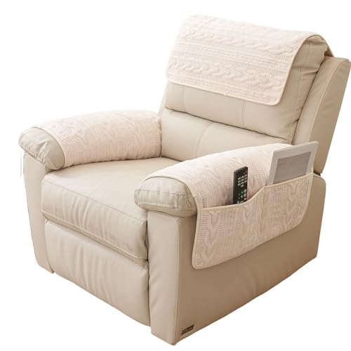 vctops 4 Pieces Velvet Plush Recliner Armrest Cover Headrest Cover with Pockets Soft Fuzzy Non Slip 2 Armchair Slipcovers and 2 Headrest Protector for Recliner Leather Sofa Couch(Beige,2 Seat)