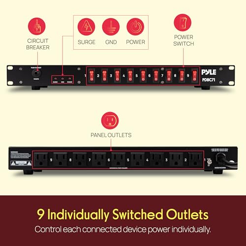 Image of Pyle 15 Amp Power Strip, 9 Outlet Power Strip with 6ft Cord for Power Supply, 1800J Surge Protection, Noise Filter, LED Indicators, Flat Plug, 1U Steel Chassis, Rack Mount Design