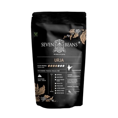 Seven Beans Coffee Company's 'Urja' Whole Bean Coffee - Medium Roast - Single Origin Cold Brew - Indian Gourmet Coffee (Pack of 2)