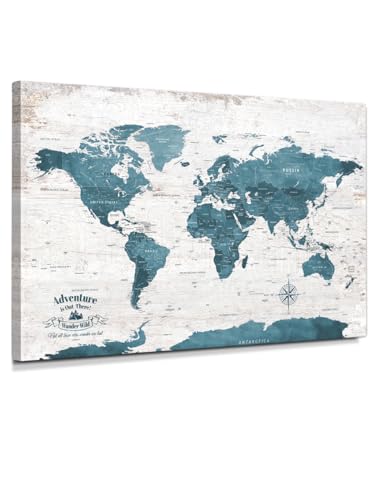 Image of IPIC - Large Vintage Teal World Map Canvas Wall Art, Push Pin World Map to Track Your Travels, Rustic Style Wall Decor for Home, Office, Living Room or RV, Ready to Hang, Made in USA