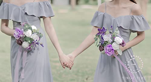 Tinge Time 7 Inch Artificial Flowers Wedding Bouquets For Bridesmaid, Set Of 4, Sparkle Violet Bride Tossing Bouquet For Wedding Ceremony Festivals Bridal Shower Rehearsal Dinner Vintage Parties #TOP2
