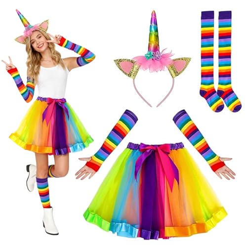 4 Stück Einhorn Kostüm Erwachsene Kostüm Einhorns Mottoparty Regenbogens Tüllrock Einhorn Horn Stirnband Regenbogen Kniestrümpfe Regenbogen Lange Handschuhe für Karneval Geburtstag Party