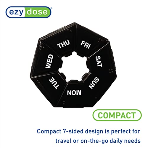 Image of Ezy Dose Weekly (7-Day) Pill Organizer, 7-Sided Medicine Planner, Black | Compact Daily Round Vitamin & Supplement Medicine Case, Convenient and Easy to Use, Travel-Friendly Container, BPA-Free