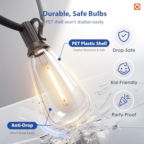 addlon 100FT(50FT*2) LED Outdoor String Lights Waterproof Patio Lights with Shatterproof ST38 Replaceable Bulbs, Dimmable Outside Hanging Light Connectable for Porch, Backyard, 2200K