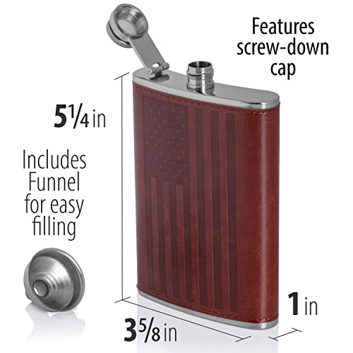 Maxam Stainless Steel Flask With Leather Embossed Flag Wrap, Lightweight Drinking Hip Flask with a Screw-On, Leak Proof Lid and Funnel, 8 Ounce Capacity - Thumbnail 2