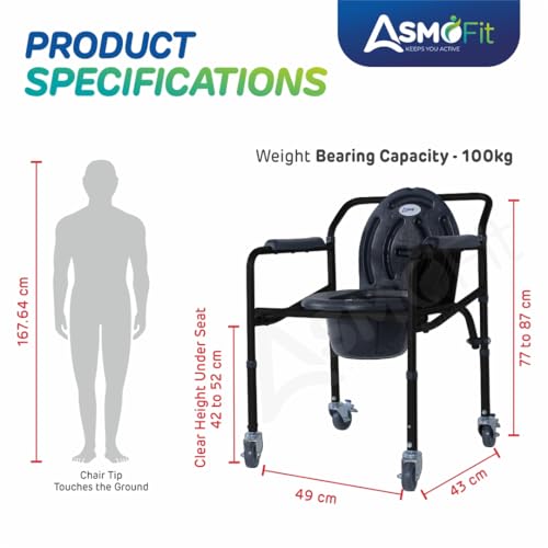 Image of Foldable Commode Chair Height Adjustable Use in Room or Over Toilet, Potty Chair with Armrests, Bedside Commode - Ideal for Adult, Pregnant Women, Elderly - Weight Capacity 100KG (With Wheels - Black)