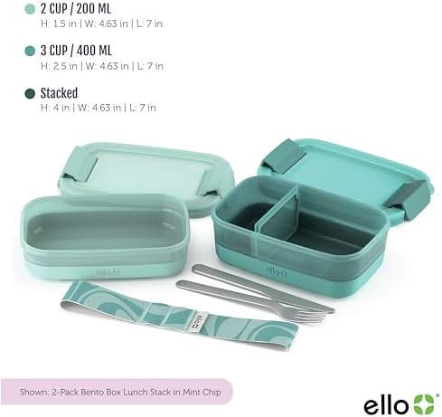 Ello 2-Pack Lunch Stack Plastic Food Storage Container Bento Box with Airtight, Leak-Proof Locking Plastic Lids and Silicone Base, BPA-Free, Freezer, Microwave, and Dishwasher Safe, Guava