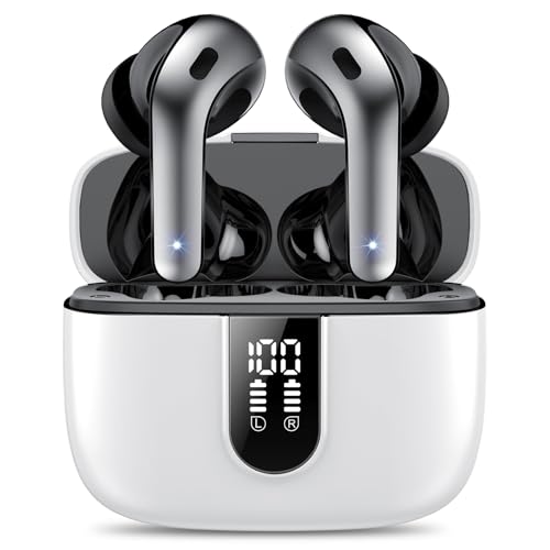 Ecouteurs Bluetooth sans Fil, Écouteurs Bluetooth 5.3, 50 Hrs Contrôle Tactile, 4 ENC Appel Réduction Antibruit Mic, Basses Profondes, Ajustement Confortable, IP7 Étanche Casque（ Blanc et Ivoire Noir