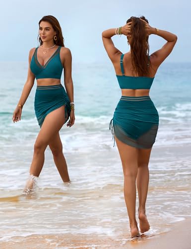 Image of Blooming Jelly Womens Swim Skirt High Waisted Bikini Sets Tummy Control Swimsuits Mesh Sarong Wraps Bathing Suits