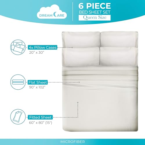Image of DREAMCARE Queen Sheets - 6 pcs Breathable Cooling Sheets Queen - up to 15 inch | Deep Pocket Queen Sheets Set with Side Pockets - Extra Soft - Queen Sheet Set - Hotel Luxury Queen Bed Sheets - Ivory