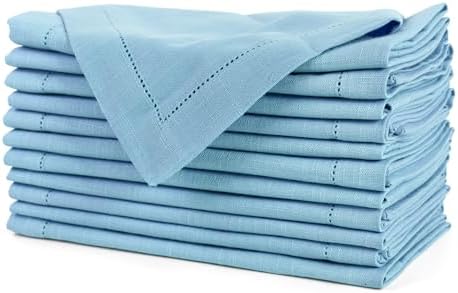 FINGERCRAFT Hemstitched Cotton Table Napkins – Set of 12, 20x20 Inch, 100% Cotton Cloth Napkins with Faggoting Stitching – Durable & Elegant for Parties, Hotels, Everyday Use (Powder Blue Slub)