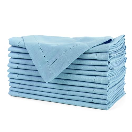 FINGERCRAFT Hemstitched Cotton Table Napkins – Set of 12, 20x20 Inch, 100% Cotton Cloth Napkins with Faggoting Stitching – Durable & Elegant for Parties, Hotels, Everyday Use (Powder Blue Slub)