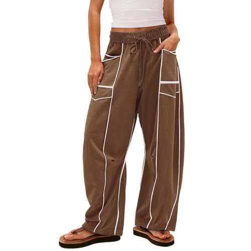 Womens Baggy Barrel Pants Wide Leg Lounge Drawstring Sweatpants with Pockets Casual Cotton High Waisted Trousers Street