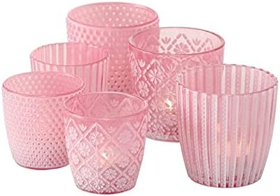 Seaside No.64 – Windlicht-Set 6 teilig aus Glas 7-9cm – Teelichthalter für Romantisches Ambiente – Kerzenständer mit 3 Designs in je 2 Größen – Retro Kristall Ornamente – (pink, Set)