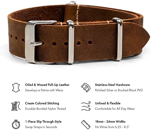 Benchmark Straps 22mm Dark Brown Oiled Leather Nato Watchband - More Colors Available