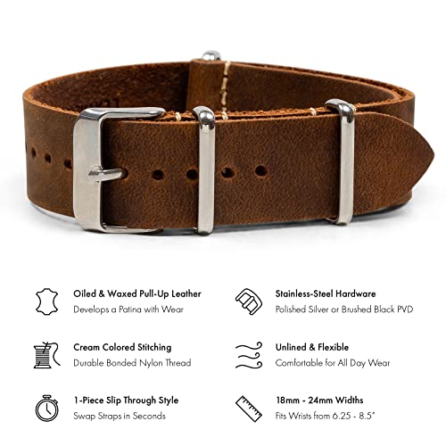 Benchmark Basics Leather Watch Band - Crazy Horse Oiled Leather One-Piece Watch Straps For Men & Women - 18Mm, Dark Brown #TOP1