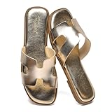 NianEr Womens Microfiber Leather Memory Foam Support H Sandals Square Toe Dress Dressy Slip On Casual Cute Comfort Bride Bridal Wedding Designer Date Flat Sandals Summer Shoes Slides gold Size 8