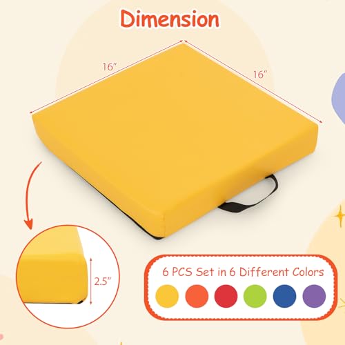 KOTEK 6 Pcs 16'' Floor Cushions for Kids, Classroom Flexible Seating with Handles, Waterproof PU Cover with Non-Slip Base, 2.5” Thick Floor Pillows for Daycare Preschool Home (Colorful, Square)