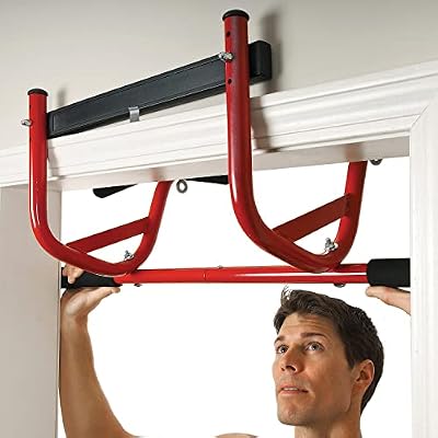 GoFit Elevated Chin Up Station, No Screw Strength Training Pull Up Bar for Doorway, Multi-Use Home Gym Equipment, Red / Black, 8.6 pounds, GF-ECS