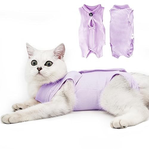 Image of Doton Cotton Blend Cat Professional Recovery Suit for Abdominal Wounds or Skin Diseases, E-Collar Alternative for Cats and Dogs, After Surgery Wear, Pajama Suit (S, Purple), 1 Count