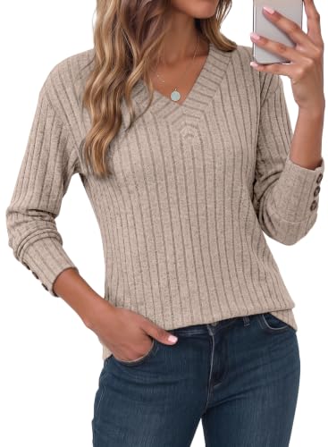 Image of Dokotoo Womens Tops V Neck Lightweight Sweater Fall Long Sleeve Top 2026 | Decorative Buttons, Soft Breathable Knit Material, Pullover Tunic Tops, Business Casual, Fall Outfits, Winter Clothing 2026