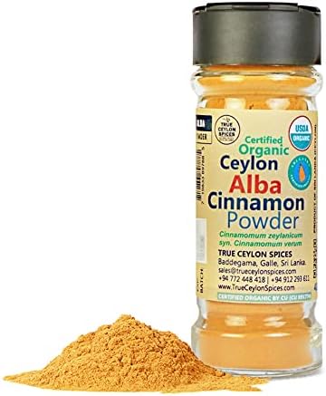 True Ceylon Cinnamon Powder Organic Raw from Alba Cinnamon Sticks (Inner Bark) – From Sri Lankan Farmer, USDA Organic Certified, Glass Jar, Shaker/Sprinkles, 40g (1.4 oz) Gluten Free, Keto Friendly