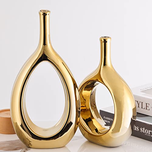 Gold Vase Glossy Ceramic Vase Set Of 2,Gold Vases For Home Decor,Gold Vases For Centerpieces,Gold Room Decor,For Office Decor Housewarming Gift Living Room Dining Table,Gold Vases For Flowers #TOP2