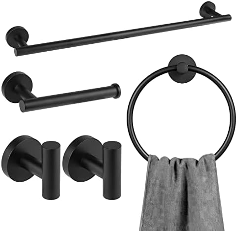 5-Piece Bathroom Hardware Set Matte Black, Lava Odoro Towel Rack Set Stainless Steel Wall Mounted - Include 23.6 in Bath Towel Bar, 2 Robe Towel Hooks, Toilet Paper Holder and Towel Ring
