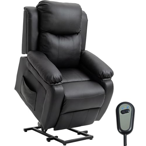 HOMCOM Fauteuil releveur électrique, Fauteuil Relax électrique avec Repose-Pied, Dossier inclinable, télécommande et Poches latérales, revêtement en PU, pour Personnes âgées, Noir