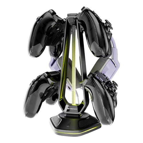 Image of Zebronics PS5S Quad Gaming Controller Stand with Headphone Hanger, Supports PS5, PS4, Xbox & Switch Controllers, 12 Dual Zone RGB Lighting, Dual USB Hub, Anti-Slip Base