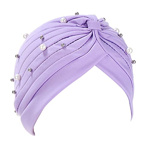 Fxhixiy Turban Hats for Women Beaded Pre Tied Knot Hats Chemo Beanies Headwrap caps for Cancer Hair Cover (Light Purple)