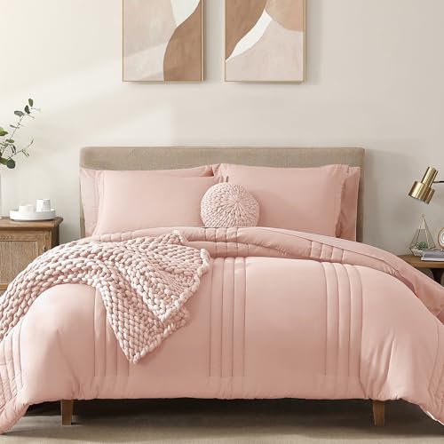 Image of Monbix Queen Comforter Set - 7 Pieces Light Pink Bed in a Bag Queen Bedding Sets with Comforters, All Seasons Comforter Bed Set with Sheets, Pillowcases & Shams