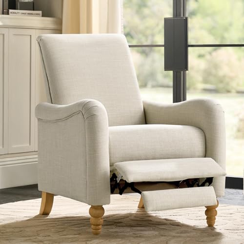 HULALA HOME Farmhouse Recliner Chair with Solid Wood Spindle Legs, Striped Push Back Recliner Armchair with Adjustable Backrest & Footrest, Comfy High Back Lazyboy Single Sofa for Living Room, Linen - Best Recliner Chairs