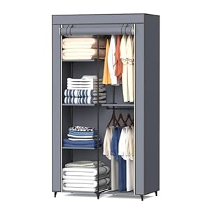 Portable Closet, Wardrobe Closet with 6 Storage Shelves and 2 Hanging Rods, Non-Woven Fabric Cover, 34.6 x 17.7 x 66.1 Inches Closet Organizer for Bedroom, Gray