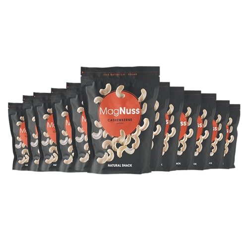 MagNuss Cashewkerne | Schonend geröstet | Ungesalzen | 12x 200g-Vorratspackung | Knackige Cashews | Hochwertiger Snack reich an Protein