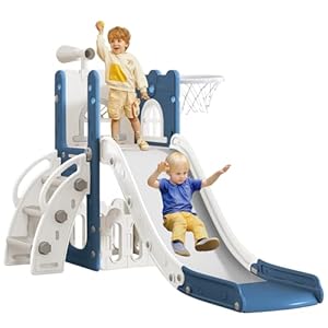 6 in 1 Toddler Slide for Toddler Age 1-3,Kids Climber Slider for Indoor Outdoor Playground with Basketball Hoop,Storage and Telescope,L Shaped Slide for Toddler Climber Playset
