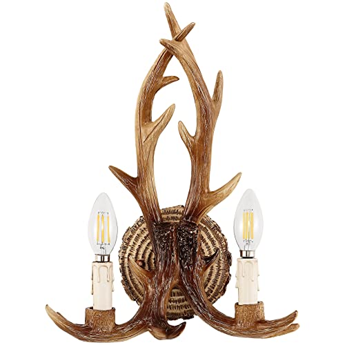 Image of Antler Wall Sconce, 1-Light Vintage Faux Deer Horn Wall Lamp, Retro Brown Hardwired Flush Mount Indoor Light Fixture for Bedroom, Hallway, Living Room, and Fireplace (Bulb Not Included)
