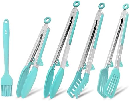 BBN 5pcs Silicone Tongs Set - Kitchen Utensils for Cooking with Non-Slip Grip - Heat Resistant Silicone Tongs (Green)