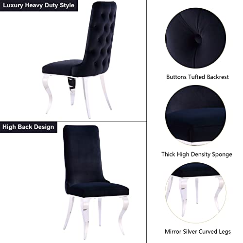 Azhome Dining Chairs, Black Velvet Upholstered Dining Room Chairs In Buttons Tufted Backrest, High Back Heavy Duty Dining Chair With Silver Mirrored Stainless Steel Legs, Set Of 6 #TOP1