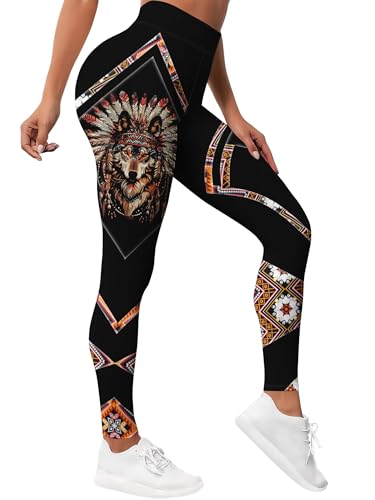 HIVICHI Printed Native American Wolf Leggings for Women Crazy Pattern High Waisted Workout Yoga Pants, X-Large, WLG-028655
