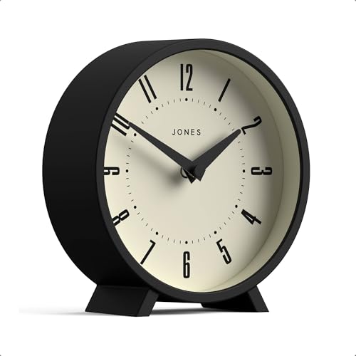 JONES CLOCKS® Venus Horloge de Bureau | Conception Moderne de la Ronde | Noir | Style rétro stylé pour étagère, Table, cheminée ou Table de Chevet
