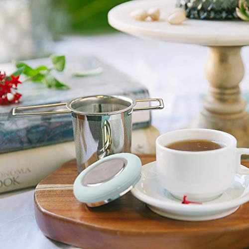 Fenshine Tea Infuser Stainless Steel Tea Strainer Folding Handle Tea Filter Extra Fine Mesh Strainer Brewing Basket with Lid for Loose Leaf Tea (Light Blue)