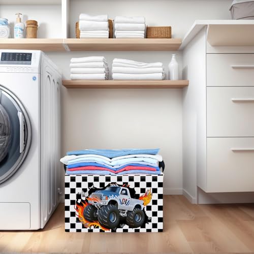 Image of Racing Car Storage Basket Monster Truck Toy Book Shelf Basket Kid Room Decor Gift (Black and White Checkered)
